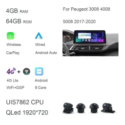 CarPlay DSP 12.3" QLED 720P 360 8G+256G Carplay Android 14.0 Car Player GPS WIFI autoradio For Peugeot 3008 4008 5008 2017-2020
