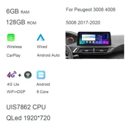 CarPlay DSP 12.3" QLED 720P 360 8G+256G Carplay Android 14.0 Car Player GPS WIFI autoradio For Peugeot 3008 4008 5008 2017-2020