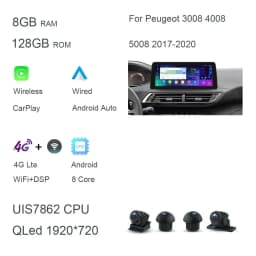 CarPlay DSP 12.3" QLED 720P 360 8G+256G Carplay Android 14.0 Car Player GPS WIFI autoradio For Peugeot 3008 4008 5008 2017-2020
