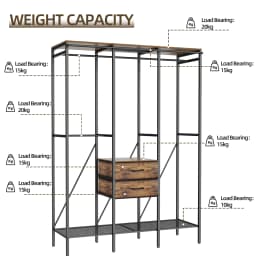 Industrial Coat Rack Stand, Open Wardrobe, Clothes Rail with 2 Drawer and Shelves, Bedroom Storage, Hanging Bar, XXL