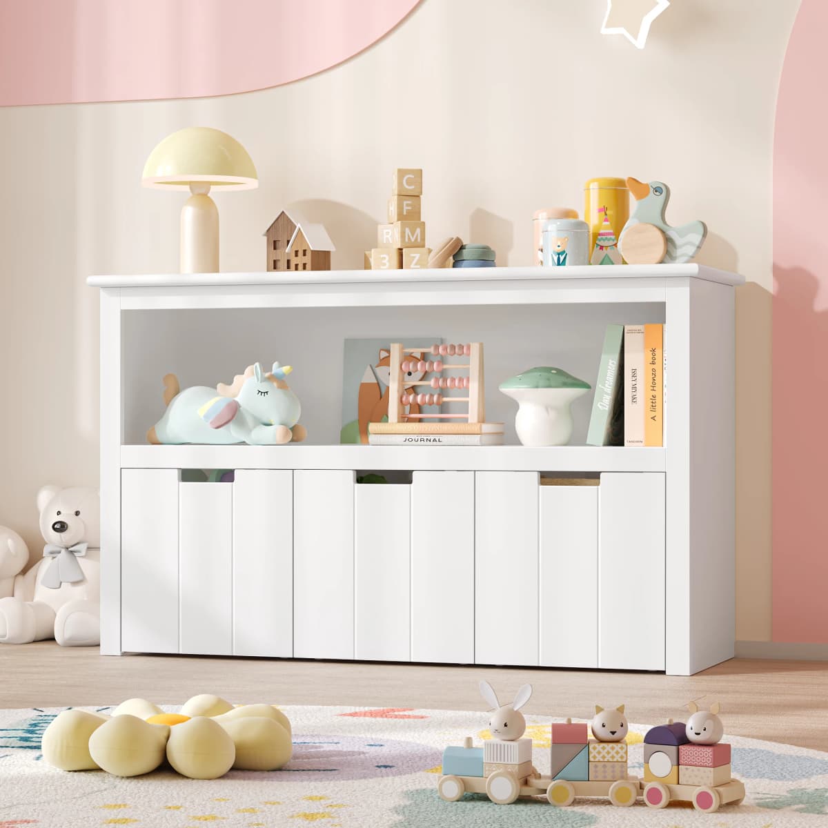 Getone Toy Storage Toy Storage Unit with Rolling Wheels Cabinet with 3 Drawers Kids Toy Storage Children's Bookcase Storage Unit for Living Room 102x33x62cm