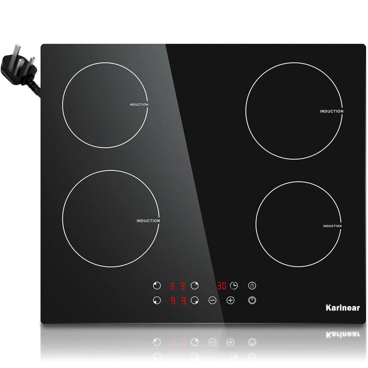 Karinear Plug in Induction Hob, 4 Zones Electric Hob 60cm, with Touch Control & Safety Lock, Black Ceramic Glass