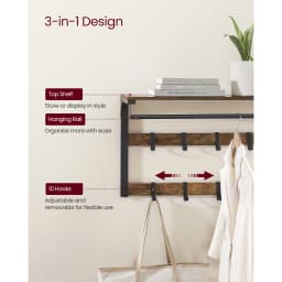 VASAGLE Wall-Mounted Coat Rack, Wall Shelf with 10 Removable Hooks, Clothes Rail, Coat Hooks with Shelf