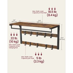 VASAGLE Wall-Mounted Coat Rack, Wall Shelf with 10 Removable Hooks, Clothes Rail, Coat Hooks with Shelf