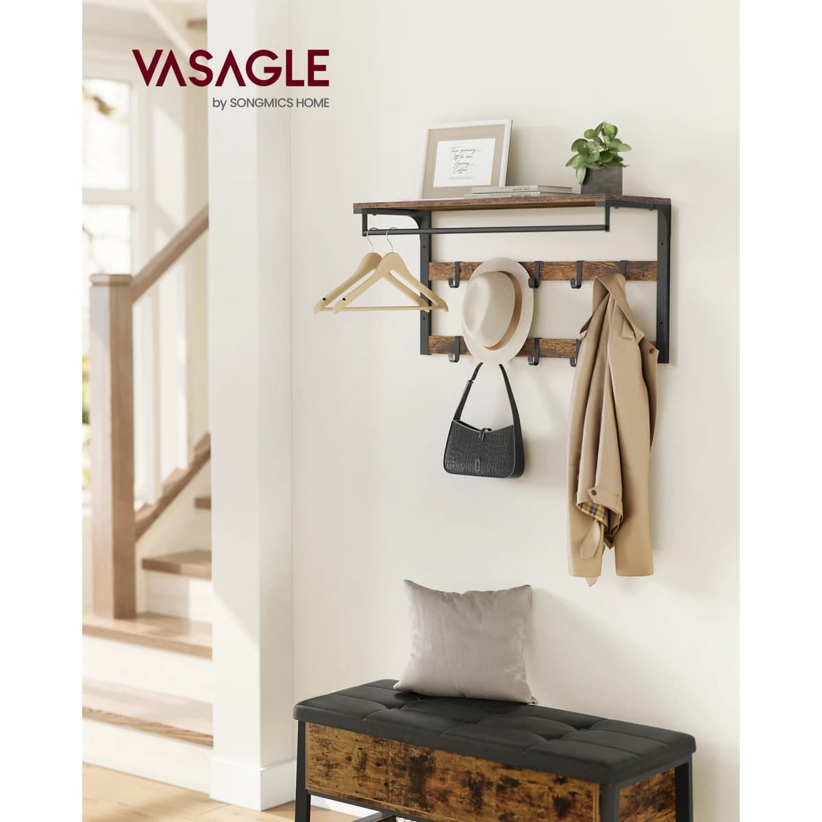 VASAGLE Wall-Mounted Coat Rack, Wall Shelf with 10 Removable Hooks, Clothes Rail, Coat Hooks with Shelf