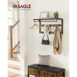 VASAGLE Wall-Mounted Coat Rack, Wall Shelf with 10 Removable Hooks, Clothes Rail, Coat Hooks with Shelf