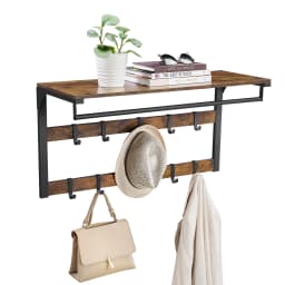 VASAGLE Wall-Mounted Coat Rack, Wall Shelf with 10 Removable Hooks, Clothes Rail, Coat Hooks with Shelf