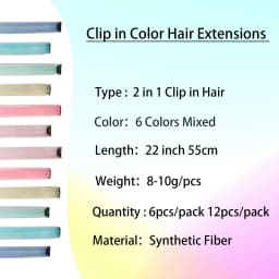 Multicolor Clip in Hair Extensions Mix Tinsels Colored Hair Extensions, 2 in 1 Rainbow Hair with Silver Tinsels for Kids Girls