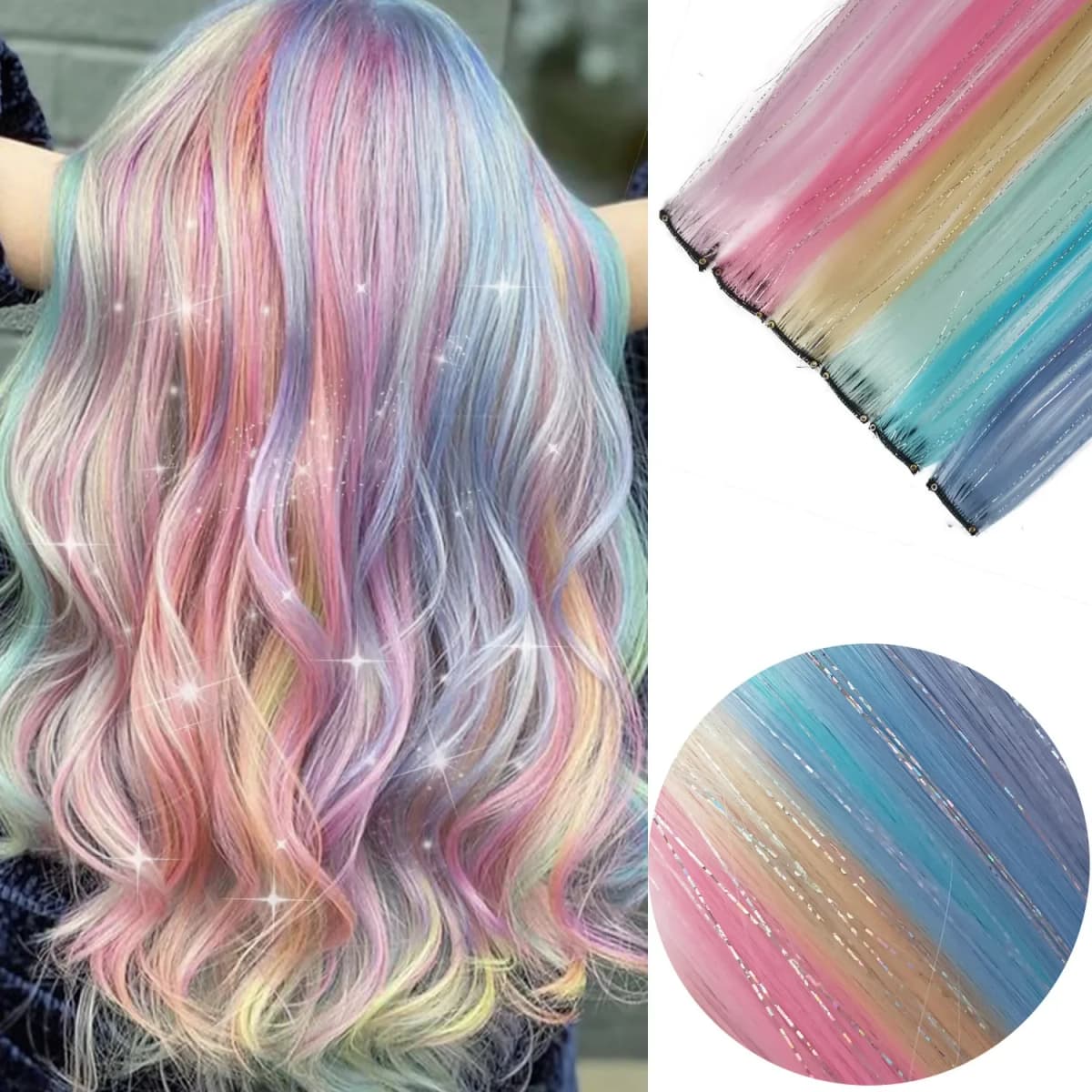 Multicolor Clip in Hair Extensions Mix Tinsels Colored Hair Extensions, 2 in 1 Rainbow Hair with Silver Tinsels for Kids Girls