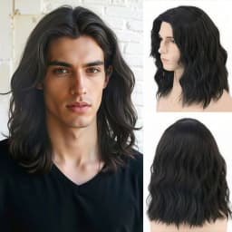 Men's Black Long Curly Wig, Fashionable and Classic Style, Black Synthetic Fiber Wig, Rock Style Suitable for Daily Wear