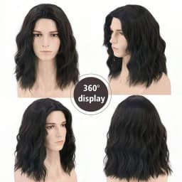 Men's Black Long Curly Wig, Fashionable and Classic Style, Black Synthetic Fiber Wig, Rock Style Suitable for Daily Wear