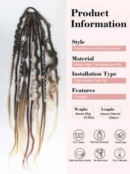 Hand-Braided Viking Dreadlock Beaded Synthetic Hairpiece 24" Boho Braided Ponytail Extension with Hair Tie for Women