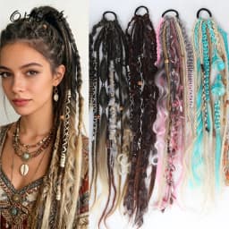 Hand-Braided Viking Dreadlock Beaded Synthetic Hairpiece 24" Boho Braided Ponytail Extension with Hair Tie for Women
