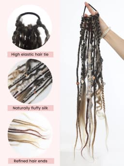 Hand-Braided Viking Dreadlock Beaded Synthetic Hairpiece 24" Boho Braided Ponytail Extension with Hair Tie for Women