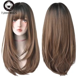 7JHHWIGS Long Wavy Synthetic Black Wigs For Women With Fringe Fashion Heat Resistant Mid-Length Daily Straight Light Brown Hair
