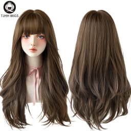 7JHHWIGS Long Wavy Synthetic Black Wigs For Women With Fringe Fashion Heat Resistant Mid-Length Daily Straight Light Brown Hair