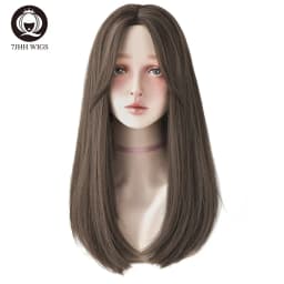 7JHHWIGS Long Wavy Synthetic Black Wigs For Women With Fringe Fashion Heat Resistant Mid-Length Daily Straight Light Brown Hair