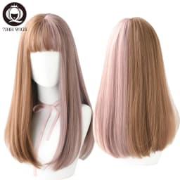 7JHHWIGS Long Wavy Synthetic Black Wigs For Women With Fringe Fashion Heat Resistant Mid-Length Daily Straight Light Brown Hair