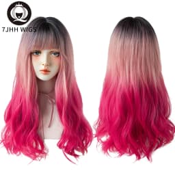 7JHHWIGS Long Wavy Synthetic Black Wigs For Women With Fringe Fashion Heat Resistant Mid-Length Daily Straight Light Brown Hair