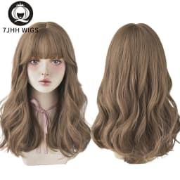 7JHHWIGS Long Wavy Synthetic Black Wigs For Women With Fringe Fashion Heat Resistant Mid-Length Daily Straight Light Brown Hair