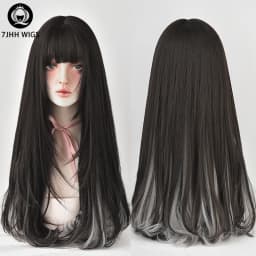 7JHHWIGS Long Wavy Synthetic Black Wigs For Women With Fringe Fashion Heat Resistant Mid-Length Daily Straight Light Brown Hair
