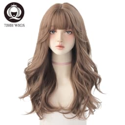 7JHHWIGS Long Wavy Synthetic Black Wigs For Women With Fringe Fashion Heat Resistant Mid-Length Daily Straight Light Brown Hair