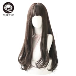 7JHHWIGS Long Wavy Synthetic Black Wigs For Women With Fringe Fashion Heat Resistant Mid-Length Daily Straight Light Brown Hair