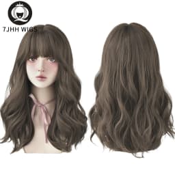 7JHHWIGS Long Wavy Synthetic Black Wigs For Women With Fringe Fashion Heat Resistant Mid-Length Daily Straight Light Brown Hair