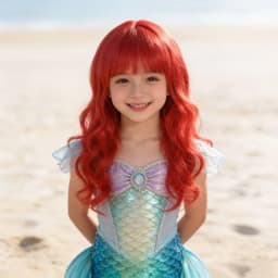 Children's Cosplay Princess Wig Synthetic Long Wavy Hair Extensions with Neat Bangs Big Waves Orange Head Cover for Girls