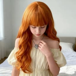Children's Cosplay Princess Wig Synthetic Long Wavy Hair Extensions with Neat Bangs Big Waves Orange Head Cover for Girls