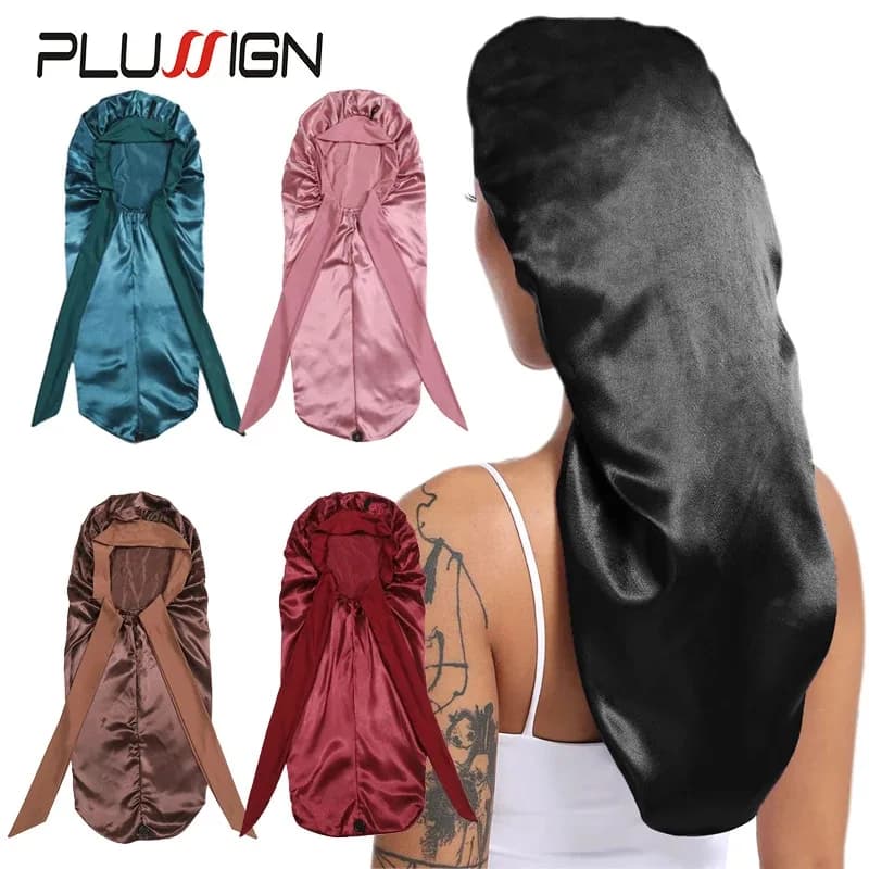 Long Satin Bonnet Solid Color Extra Large Sleep Cap With Long Tie Hair Bonnet For Black Women Hair Care Cap For All Hair Types