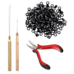 Hair Extension Kit Pliers Pulling Hook Bead Device Tool Kits and 100PCS Black Silicone Lined Micro Rings