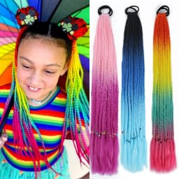 Synthetic Gradient Color Dirty Braided Ponytail Extensions With Elastic Band 24" Rainbow Braid Pony Tail Hairpiece For Girl