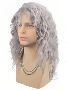 Synthetic Men's Wig Grey Natural Curly Male Wig with Bangs Water Wave Daily or Cosplay for Men Adjustable Wig