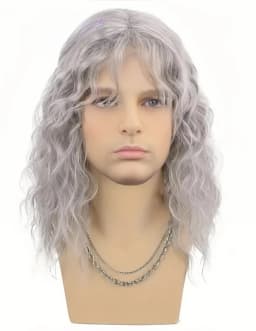 Synthetic Men's Wig Grey Natural Curly Male Wig with Bangs Water Wave Daily or Cosplay for Men Adjustable Wig