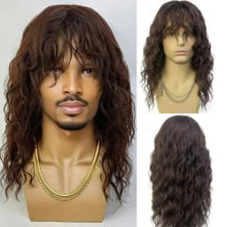 Synthetic Men's Wig Grey Natural Curly Male Wig with Bangs Water Wave Daily or Cosplay for Men Adjustable Wig