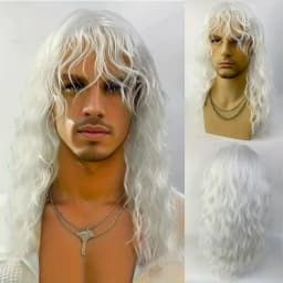 Synthetic Men's Wig Grey Natural Curly Male Wig with Bangs Water Wave Daily or Cosplay for Men Adjustable Wig