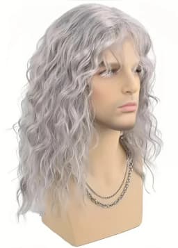 Synthetic Men's Wig Grey Natural Curly Male Wig with Bangs Water Wave Daily or Cosplay for Men Adjustable Wig