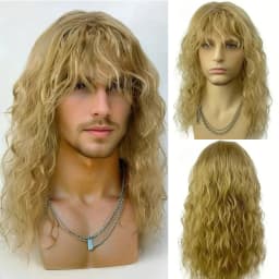 Synthetic Men's Wig Grey Natural Curly Male Wig with Bangs Water Wave Daily or Cosplay for Men Adjustable Wig