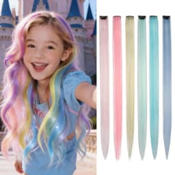 Synthetic Clip in Hair Extensions for Girls 22 inch Multi-colors 6pcs/pack Rainbow Straight Hair Synthetic Hairpieces