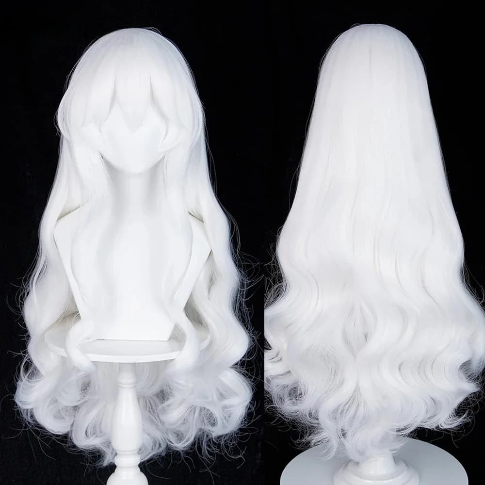 Daily Party White Long Wavy Anime Game Cosplay Synthetic Wigs with Bangs Fluffy Heat Resistant Wig