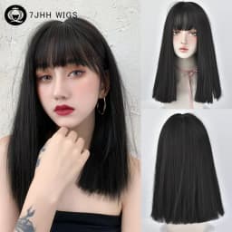 7JHH WIGS Layered Blonde Wig for Women High Density Synthetic Loose Straight Hair Wigs with Neat Bangs Beginner Friendly