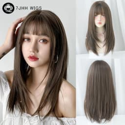 7JHH WIGS Layered Blonde Wig for Women High Density Synthetic Loose Straight Hair Wigs with Neat Bangs Beginner Friendly