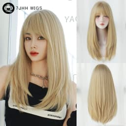 7JHH WIGS Layered Blonde Wig for Women High Density Synthetic Loose Straight Hair Wigs with Neat Bangs Beginner Friendly