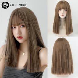 7JHH WIGS Layered Blonde Wig for Women High Density Synthetic Loose Straight Hair Wigs with Neat Bangs Beginner Friendly