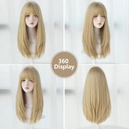7JHH WIGS Layered Blonde Wig for Women High Density Synthetic Loose Straight Hair Wigs with Neat Bangs Beginner Friendly