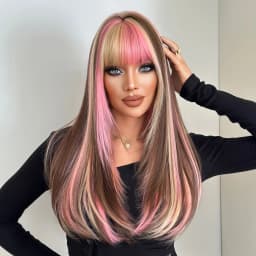 7JHH WIGS Long Straight Brown Highlight Pink Wig for Women Synthetic Modest Fashion Wear and Go Ombre Blonde Wigs with Neat Bang