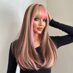 7JHH WIGS Long Straight Brown Highlight Pink Wig for Women Synthetic Modest Fashion Wear and Go Ombre Blonde Wigs with Neat Bang