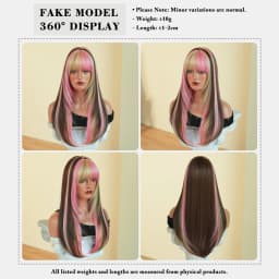 7JHH WIGS Long Straight Brown Highlight Pink Wig for Women Synthetic Modest Fashion Wear and Go Ombre Blonde Wigs with Neat Bang