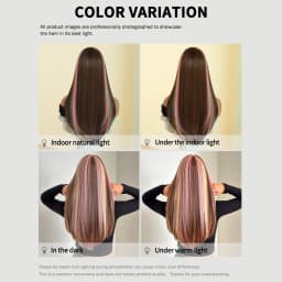 7JHH WIGS Long Straight Brown Highlight Pink Wig for Women Synthetic Modest Fashion Wear and Go Ombre Blonde Wigs with Neat Bang